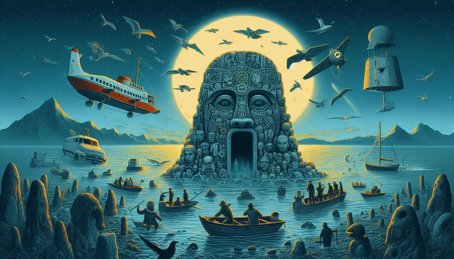 Image représentant un mystère non résolu, avec des symboles énigmatiques et des paysages mystérieux.