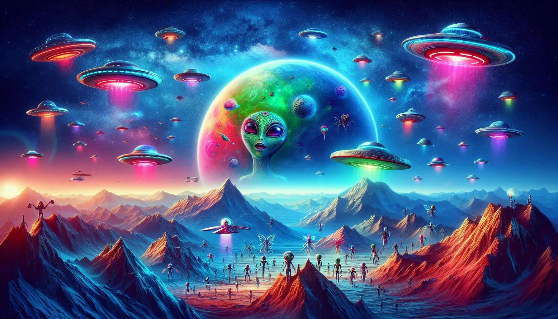 Image d'ovnis dans le ciel ou d'un extraterrestre, avec des effets de lumière et des paysages futuristes.