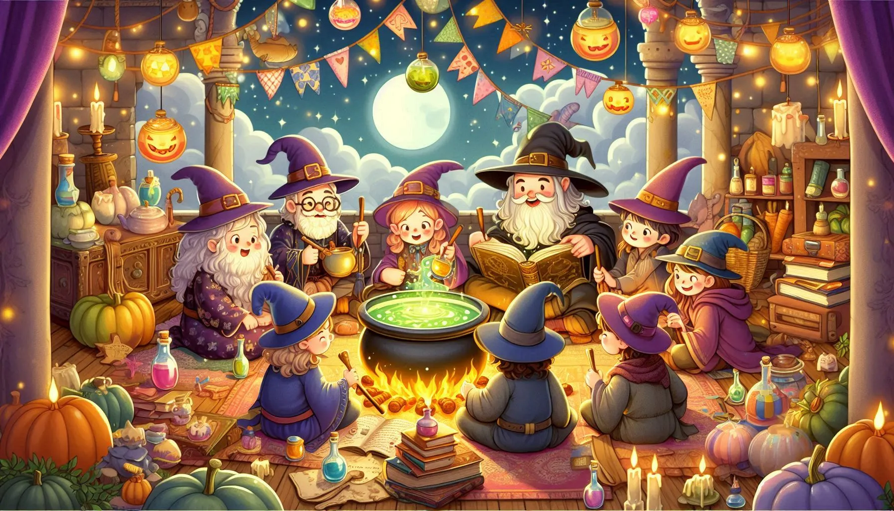 Image symbolique des sciences occultes, avec des grimoires, des sorciers et des symboles anciens.